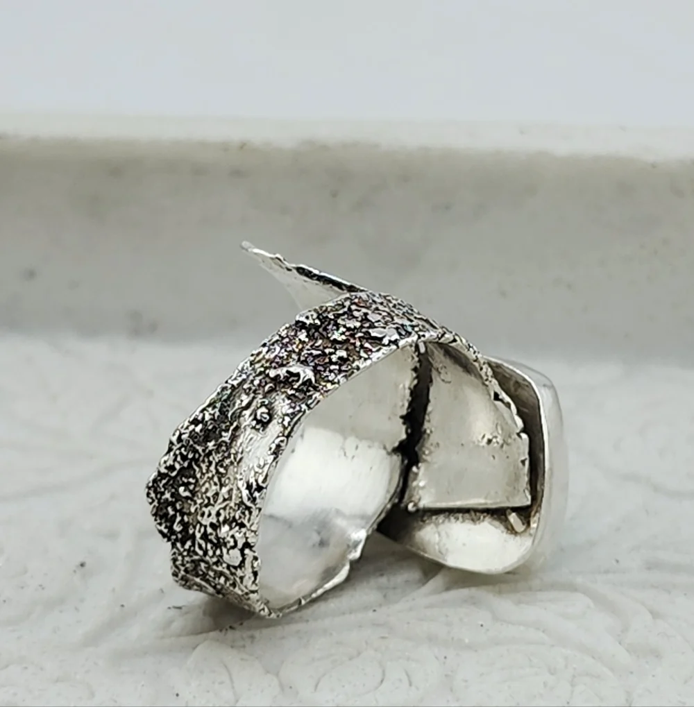 TURQUOISE RING HANDMADE IN RECYCLED STERLING SILVER BRUTALIST STYLE SZ 9